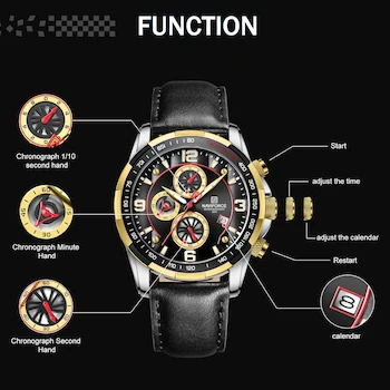 Imagen 3 de NAVIFORCE Modelo 8020L-GBB Reloj Deportivo para Hombre Analógico de Cuarzo Cronógrafo Correa de Piel Reloj de Pulsera Color Verde Deporte Negra Tamaño de Caja 46 mm Grosor 14 mm Ancho de Correa 24 mm