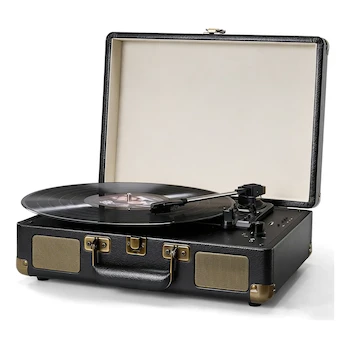 Imagen de referencia para Tocadiscos De Vinilo Negro Retro Portátil En Diseño De Maleta Marca VINILOS Modelo Vinylos Dimensiones 13.9 x 10.05 x 4.55 Pulgadas Peso 6.42 Libras Material Plástico