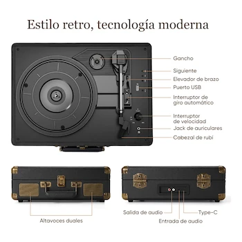Imagen 2 de Tocadiscos De Vinilo Negro Retro Portátil En Diseño De Maleta Marca VINILOS Modelo Vinylos Dimensiones 13.9 x 10.05 x 4.55 Pulgadas Peso 6.42 Libras Material Plástico
