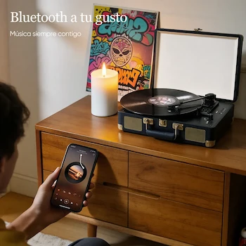 Imagen 3 de Tocadiscos De Vinilo Negro Retro Portátil En Diseño De Maleta Marca VINILOS Modelo Vinylos Dimensiones 13.9 x 10.05 x 4.55 Pulgadas Peso 6.42 Libras Material Plástico