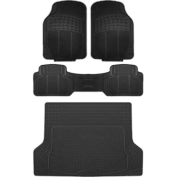 Imagen de referencia para AKASENKO Tapetes para Auto y Tapete de Cajuela Conjunto Negro, Alfombrillas de PVC Universales Recortables para Coches, Todoterrenos, Camiones y Furgonetas, Incluye 2 Tapetes Delanteros/Traseros + Tapete Cajuela 140cm x 110cm Máx