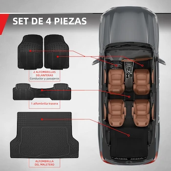 Imagen 2 de AKASENKO Tapetes para Auto y Tapete de Cajuela Conjunto Negro, Alfombrillas de PVC Universales Recortables para Coches, Todoterrenos, Camiones y Furgonetas, Incluye 2 Tapetes Delanteros/Traseros + Tapete Cajuela 140cm x 110cm Máx