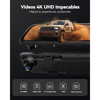 Imagen 2 de WOLFBOX G840S 12" 4K Espejo Retrovisor con Cámara Dual para Autos y Camionetas, Modelo G840S con WiFi 5.8 GHz, Incluye Tarjeta 32 GB y GPS