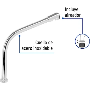 Imagen 3 de Foset Basic CR-319, Cuello tipo cobra para mezcladora de fregadero, color cromo, acero inoxidable, tamaño 21 cm largo y 26 cm alto, código 49193, SKU 7506240612681
