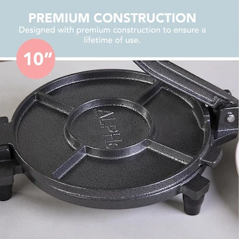 Imagen 4 de ALPHA LIVING - Prensa de Omelette - Máquina de Quesadilla de Hierro Fundido de 10 Pulgadas - Prensa de Máquina Empanada Resistente - Fabricante de Tortillas de Hierro Fundido para Cocina, Uso Doméstico