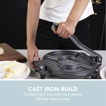 Imagen 5 de ALPHA LIVING - Prensa de Omelette - Máquina de Quesadilla de Hierro Fundido de 10 Pulgadas - Prensa de Máquina Empanada Resistente - Fabricante de Tortillas de Hierro Fundido para Cocina, Uso Doméstico