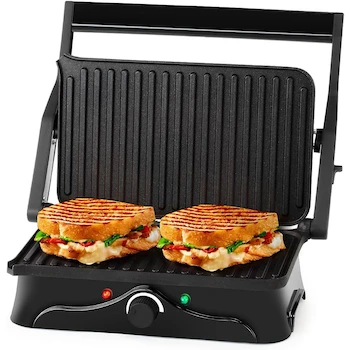 Imagen de referencia para Holstein Housewares Prensa y Parrilla Panini de 2 Rebanadas, Color Negro y Acero Inoxidable, Modelo HH-09176003SS, Abre 180 Grados