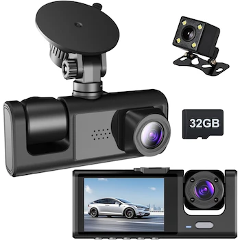 Imagen de referencia para PTHTECHUS Car recorder-4DMX Cámara para Automóvil Delantera Trasera e Interior HD1080P con Cámaras Frontal 1080P, Trasera e Interior 480P, Tarjeta SD 32GB Incluida, Pantalla IPS de 2 Pulgadas, Dimensiones 4x10x4 cm, Peso 360g