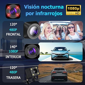 Imagen 3 de PTHTECHUS Car recorder-4DMX Cámara para Automóvil Delantera Trasera e Interior HD1080P con Cámaras Frontal 1080P, Trasera e Interior 480P, Tarjeta SD 32GB Incluida, Pantalla IPS de 2 Pulgadas, Dimensiones 4x10x4 cm, Peso 360g