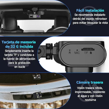 Imagen 5 de PTHTECHUS Car recorder-4DMX Cámara para Automóvil Delantera Trasera e Interior HD1080P con Cámaras Frontal 1080P, Trasera e Interior 480P, Tarjeta SD 32GB Incluida, Pantalla IPS de 2 Pulgadas, Dimensiones 4x10x4 cm, Peso 360g