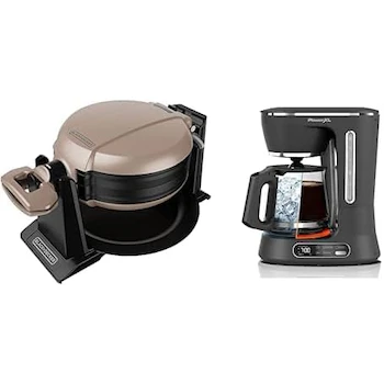 Imagen alusiva al producto Black+Decker Waflera Giratoria, Modelo WMD201, Color Negro, Capacidad 2 Waffles + PowerXL Cafetera Automática Programable, Modelo CM0122-1BPLA, Serie SPLITBREW, Color Negro, Capacidad 12 Tazas