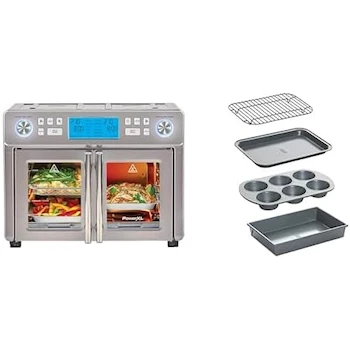 Imagen alusiva al producto PowerXL SmartSynx Duplex Horno y Freidora de Aire 24L Acero Inoxidable + Chicago Metallic Juego de 4 Moldes Profesionales Antiadherentes para Horno Tostador