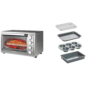 Imagen de referencia para Black+Decker Horno Eléctrico Freidora de Aire 3 en 1 Modelo TO4315SS-LA Capacidad Pizza 30 cm + Chicago Metallic Juego de 4 Moldes Profesionales para Horno Tostador Tamaños 24x15.87cm, 23.49x15.24cm, 25.4x17.8cm, 29.21x18.54cm