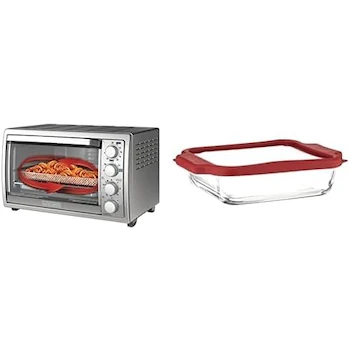 Imagen de referencia para Black+Decker Horno Eléctrico Freidora de Aire 3 en 1 con Anchor Hocking Plato para Hornear de Vidrio TrueFit 8 Pulgadas Rojo