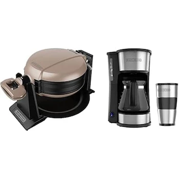 Imagen de referencia para Black+Decker Combo: Waflera Giratoria para 2 Waffles + Cafetera 4 en 1 con Vaso Personal, Filtro Permanente y Jarra de Vidrio para 5 Tazas Modelo CM0755S-MX