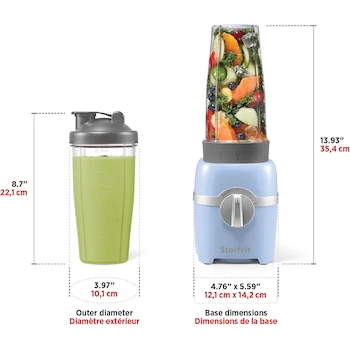 Imagen 2 de Starfrit Batidora Personal, Modelo 024360, Color Azul Chambray, Dos Tazas de 828 ml, Dimensiones 4.9 prof. x 4.9 an. x 13.8 al. pulgadas