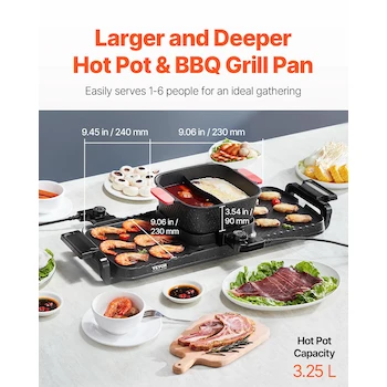 Imagen 3 de VEVOR Olla Caliente con Parrilla, Modelo B0F2CR3CTR, Color Negro, Capacidad de Olla 2.7 L, Dimensiones de Olla 260 x 70 mm, Dimensiones de Parrilla 315 x 255 mm, Dimensiones Totales 61 x 45.7 x 15.2 cm