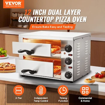 Imagen 2 de VEVOR - Horno Eléctrico de Pizza para Encimeras de 12 Pulgadas, Modelo FY-P0-2, Color Plateado, Dimensiones 47.75 x 39.88 x 35.05 cm, Peso 8.9 kg