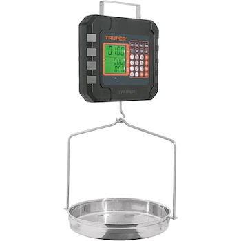 Imagen alusiva al producto Truper BASE-40C, Báscula electrónica colgante recargable con charola de acero inoxidable, color negro, capacidad 40 kg, diámetro de charola 33 cm, dimensiones 26 cm x 30 cm
