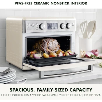 Imagen 3 de GreenPan Elite 13 en 1 Horno de Convección de Encimera y Freidora de Aire Cloud Cream 1 ft³ con Bandeja de Cerámica sin PFAS y Sartén para Pizza