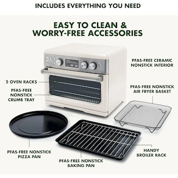 Imagen 5 de GreenPan Elite 13 en 1 Horno de Convección de Encimera y Freidora de Aire Cloud Cream 1 ft³ con Bandeja de Cerámica sin PFAS y Sartén para Pizza