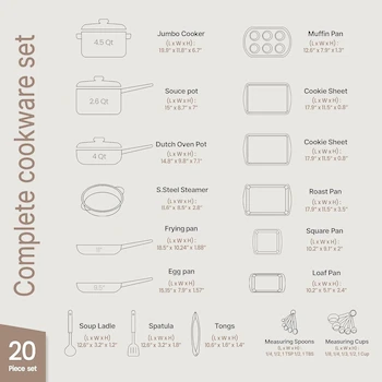 Imagen 2 de Bakken-Swiss 20-Piece Kitchen Cookware Set – Granite Non-Stick – Eco-Friendly – Crema – for All Stoves & Oven-Safe