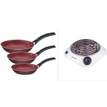 Imagen alusiva al producto Tramontina Juego de Sartenes Turim en Color Rojo + TAURUS ALPHA Parrilla Eléctrica 1 Quemador con Termostato de Seguridad