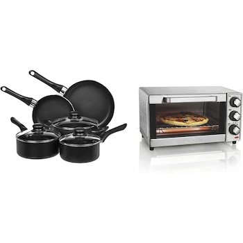 Imagen de referencia para Amazon Basics - Batería de cocina antiadherente, ollas y sartenes, 8 piezas + Hamilton Beach 31401 Horno Tostador Eléctrico de 4 Rebanadas (12 Litros), Acero Inoxidable, Color Negro