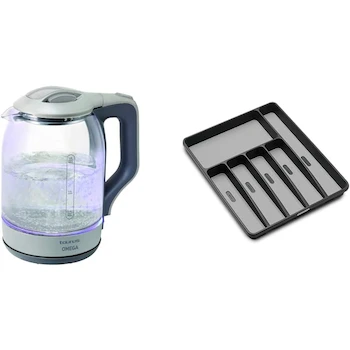 Imagen de referencia para TAURUS OMEGA Tetera Eléctrica de Vidrio con Luz LED, Hervidor de Agua Eléctrico, Jarra Inalámbrica 1.8 Litros + Madesmart 29606 Bandeja para Cubiertos de 6 Compartimentos, Granite, Grande 16" x 12.9" x 1.88"