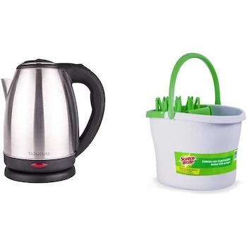 Imagen alusiva al producto Taurus Hervidor de Agua Eléctrico Modelo Caronte, Capacidad 2 Litros, Tamaño Chico, Color Plata, Acero Inoxidable + 3M Scotch-Brite Cubeta con Exprimidor Modelo MC900170994, Capacidad 10 Litros, Color Blanca