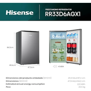 Imagen 3 de Hisense RR33D6AGX1 Frigobar 3.3 pies cúbicos con Congelador Independiente, Termostato Ajustable, Estantes para Botellas de 2 Litros, Gris, 48x45x84 cm