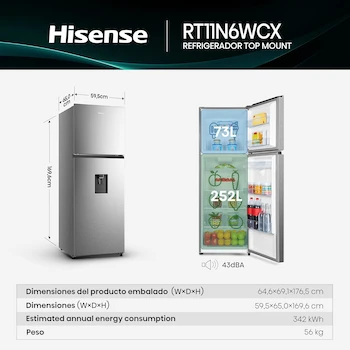 Imagen 3 de Hisense RT11N6WCX - Refrigerador Top Mount 11 Pies Cúbicos Gris 60x65x170cm (Ancho x Largo x Alto)