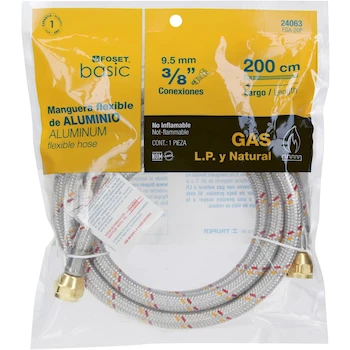 Imagen 4 de Pretul FGA-20P, Manguera para Gas LP Baja Presión, Trenzado de Aluminio sobre Hule NBR, Color Plateado, Conectores de Latón 3/8" x 3/8", 200 cm, Foset Basic