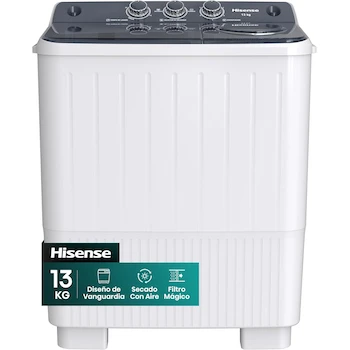 Imagen 1 de Hisense Lavadora Doble Tina Semiautomática WSA1304P, 13 Kg, 80x47x98 cm (Ancho x Largo x Alto), Blanco/Gris