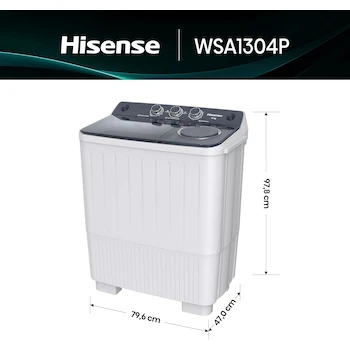 Imagen 3 de Hisense Lavadora Doble Tina Semiautomática WSA1304P, 13 Kg, 80x47x98 cm (Ancho x Largo x Alto), Blanco/Gris