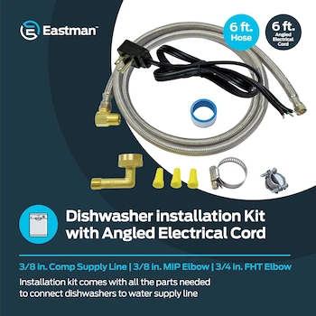 Imagen 2 de Eastman 41150 Kit de Instalación de Lavaplatos con Cordón Eléctrico Recto de 3 Clavijas, Manguera Trenzada de Acero Inoxidable 6 pies 3/8" Compresión x 3/8" Compresión, Codo MIP 3/8", Codo FHT 3/4"