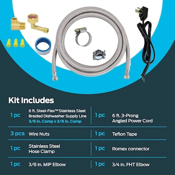 Imagen 3 de Eastman 41150 Kit de Instalación de Lavaplatos con Cordón Eléctrico Recto de 3 Clavijas, Manguera Trenzada de Acero Inoxidable 6 pies 3/8" Compresión x 3/8" Compresión, Codo MIP 3/8", Codo FHT 3/4"