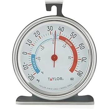 Imagen de referencia para Taylor Precision Products 5924 Termómetro Analógico para Refrigerador y Congelador con Esfera Grande de 3 Pulgadas (8 cm), Color Plateado/Acero Inoxidable, Indicadores de Zonas Seguras