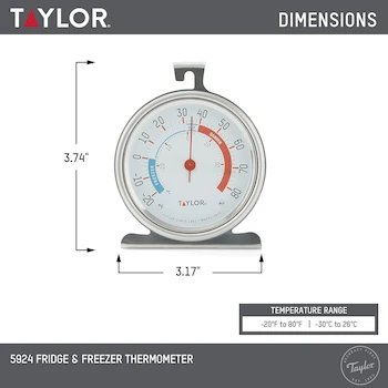 Imagen 3 de Taylor Precision Products 5924 Termómetro Analógico para Refrigerador y Congelador con Esfera Grande de 3 Pulgadas (8 cm), Color Plateado/Acero Inoxidable, Indicadores de Zonas Seguras