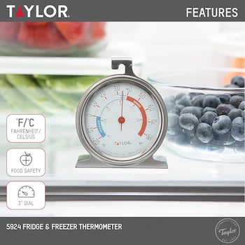 Imagen 4 de Taylor Precision Products 5924 Termómetro Analógico para Refrigerador y Congelador con Esfera Grande de 3 Pulgadas (8 cm), Color Plateado/Acero Inoxidable, Indicadores de Zonas Seguras