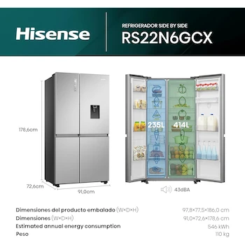 Imagen 3 de Hisense RS22N6GCX - Refrigerador Side by Side, 23 pies cúbicos, Dispensador de Agua, Control Digital Táctil, Total No Frost, Tecnología Inversor, 91x73x179 cm, Gris
