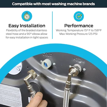 Imagen 3 de Eastman 41066 - Conector para lavadora (2 unidades, conexión FHT de 3/4 pulgadas, codo de 90 grados, mangueras trenzadas de acero inoxidable de 6 pies)