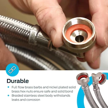 Imagen 5 de Eastman 41066 - Conector para lavadora (2 unidades, conexión FHT de 3/4 pulgadas, codo de 90 grados, mangueras trenzadas de acero inoxidable de 6 pies)