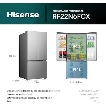 Imagen 3 de Hisense RF22N6FCX - Refrigerador French Door, 22 pies cúbicos, Gris, 79x82x173cm (Ancho x Largo x Alto)