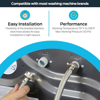 Imagen 3 de Eastman Mangueras para Lavadora de Acero Inoxidable Trenzadas Color Plateado, 10 Pies, Conexión FHT de 3/4 Pulgadas, Modelo 48640