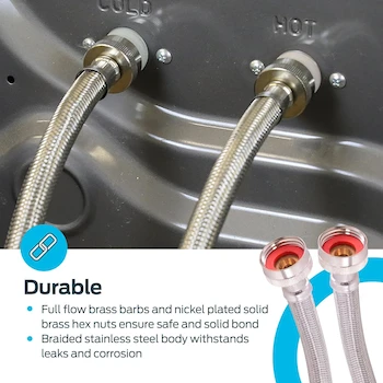 Imagen 5 de Eastman Mangueras para Lavadora de Acero Inoxidable Trenzadas Color Plateado, 10 Pies, Conexión FHT de 3/4 Pulgadas, Modelo 48640