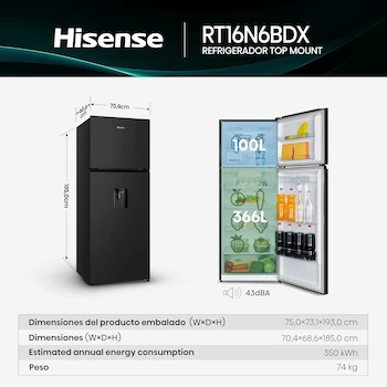 Imagen 3 de Hisense RT16N6BDX - Refrigerador Top Mount, 16.5 Pies Cúbicos, Negro, 70x69x185 cm (Ancho x Largo x Alto)