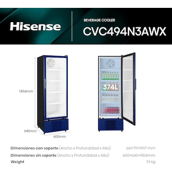 Imagen 3 de Hisense CVC494N3AWX Congelador Vertical con Puerta de Cristal, Color Azul, 13 Pies Cúbicos, Dimensiones 60x65x185 cm (Ancho x Largo x Alto)