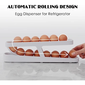 Imagen 5 de Dispensador de Huevos Rodante para Refrigerador, Huevera con 2 Niveles, Organizador Automático Contenedor Bandeja para 14-24 Huevos, Color Blanco, Material Polipropileno