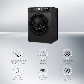 Imagen 5 de Hisense Lavadora y Secadora WD5Q1542BB, Totalmente Automática, Carga Frontal, 15 kg Lavado / 10 kg Secado, Negro, 59.5x61x84.5 cm (Ancho x Profundidad x Alto)